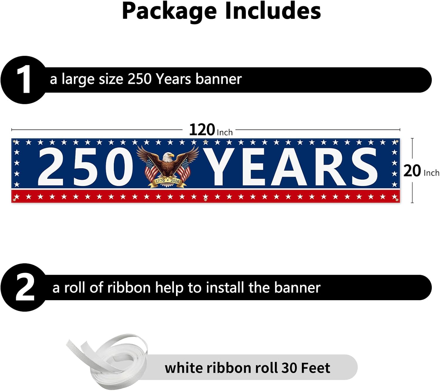 Probsin Large 250 Anniversary USA Banner 120" x 20" 250 Years America Eagle Flag 1776-2026 Patriotic Party Supplies Home Decorations for Outdoor, Indoor, Yard, Garden, Porch, Lawn - Image 4