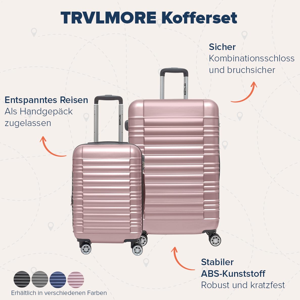 TRVLMORE Koffer Set - Kofferset 2 Teilig - Handgepäck Koffer und Hartschalenkoffer Groß - Reisekoffer mit Rollen Groß - Trolley Handgepäck - Handgepäck Trolley - Luggage - Rosa