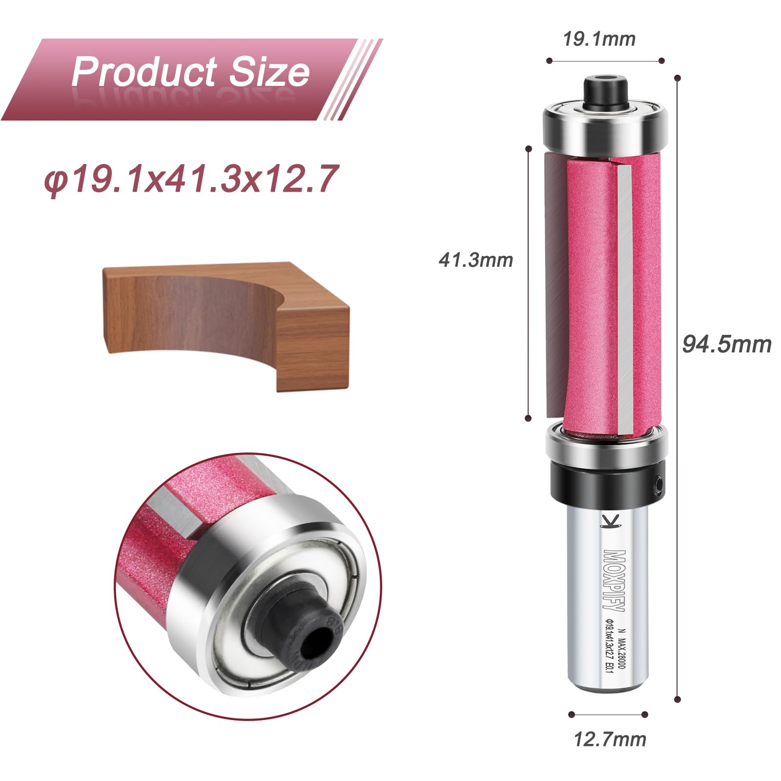 MOXPIFY Top and Bottom Bearing Flush Trim Bit, 3-Flute Router Cutter 12.7mm Shank, 19.1mm Cut Diameter & 41.3mm Cut Length - Image 3