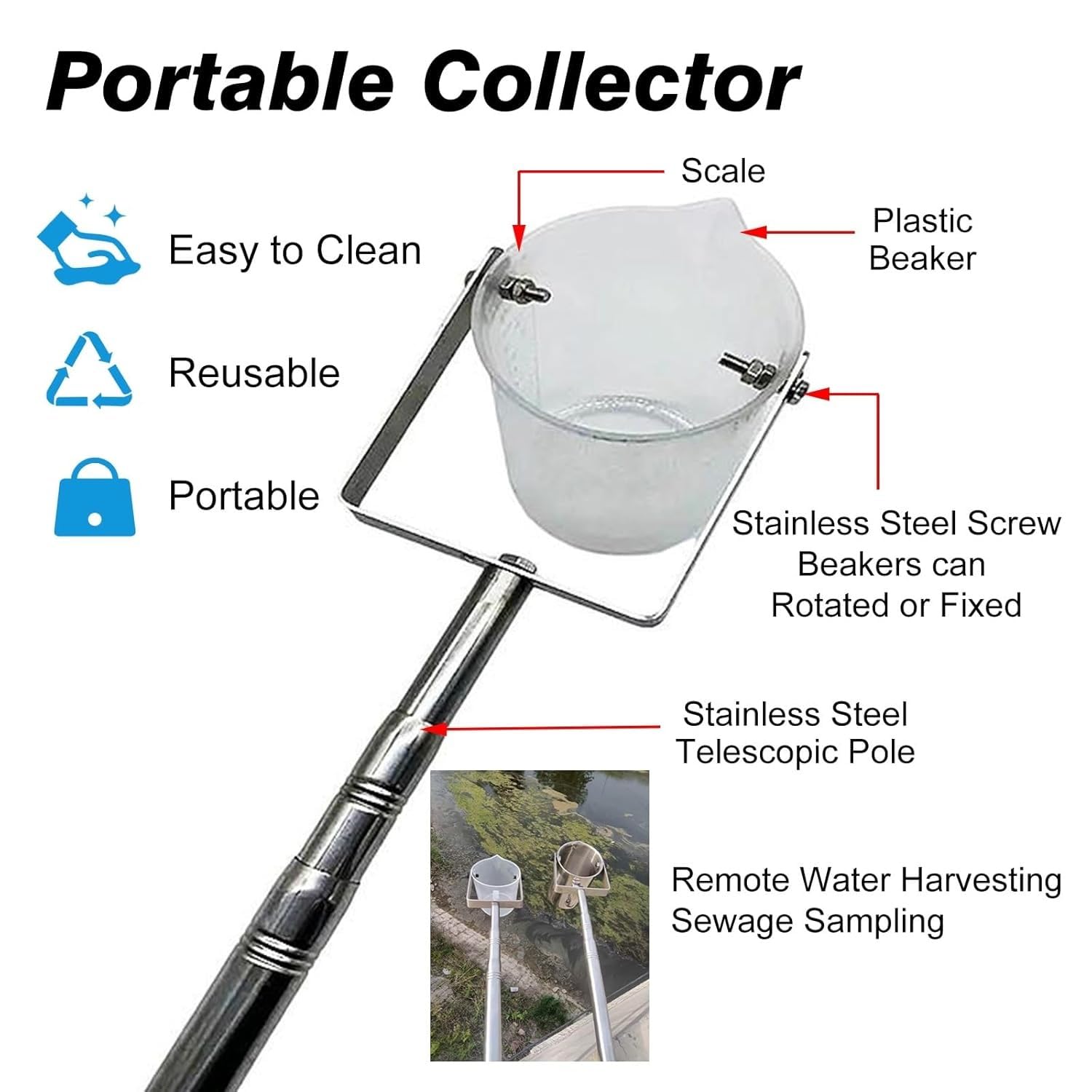 Campionatore d'acqua telescopico in acciaio inossidabile, campionamento dell'acqua di estensione leggero per monitoraggio ambientale/impianto di produzione/piscine, con tazza graduata