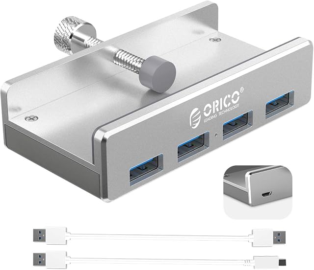 ORICO USB 3.0 Hub, USB Hub Clamp, Aluminum 4-Port USB Splitter with Extra Power Supply Port and 4.92 FT USB A to USB A and USB A to USB C Cable, Desktop Powered USB Hub for Monitors/Desks-Silver