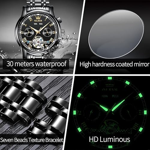 Miniatura 5 de OLEVS Reloj automático para hombre, cuerda automática, mecánica, de lujo, de acero inoxidable, multicalendario, impermeable, luminoso, reloj de