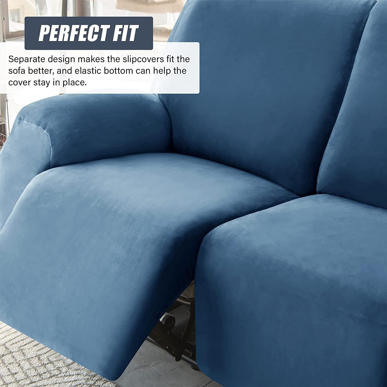 Velvet Recliner Sofa Cover Split Reclining Couch Cover Stretch Recliner Sofa Slipcovers Anti-Slip Furniture Covers with Elastic Bottom for Living Room (Color : Blue, Size : 3 Seater 8-Piece)
