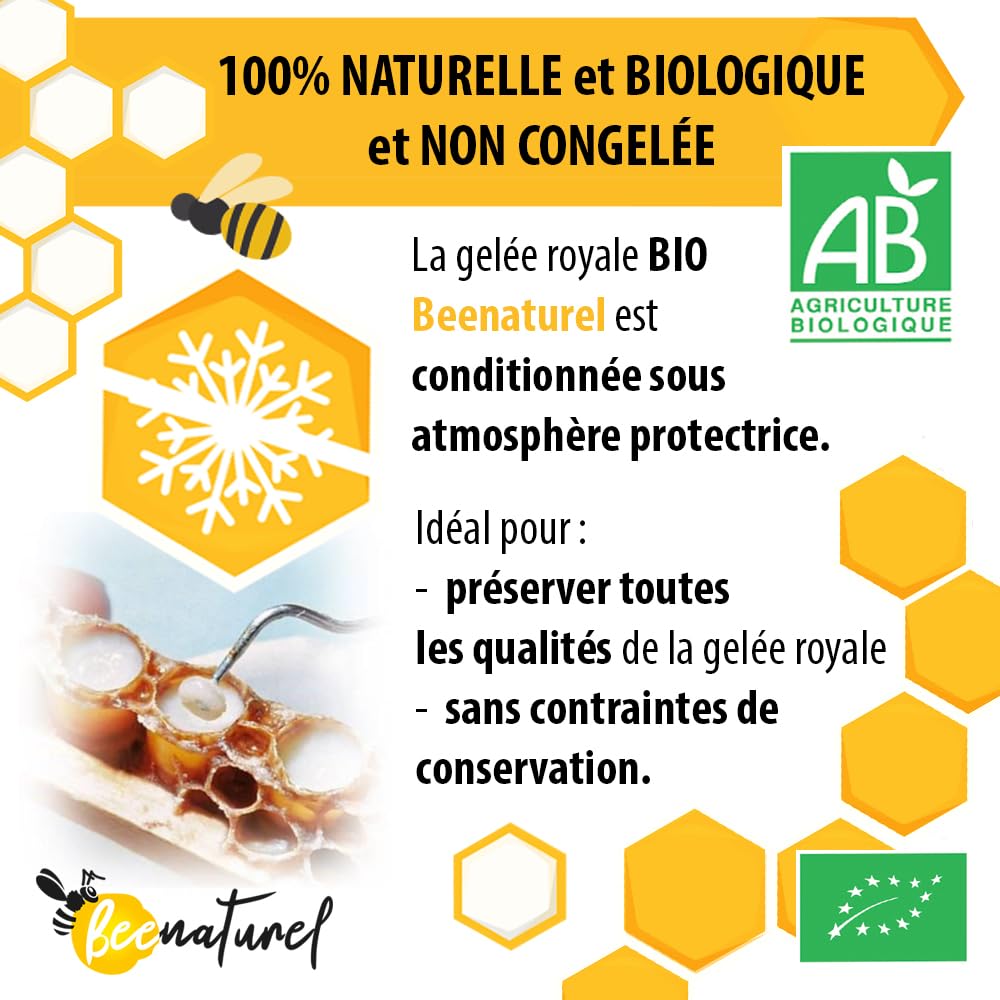 Gelée royale bio 120g | 120 dosettes 1g | Programme hiver 4 mois | Gelée royale française fraîche pure | Immunité adulte enfant | 100% Naturel