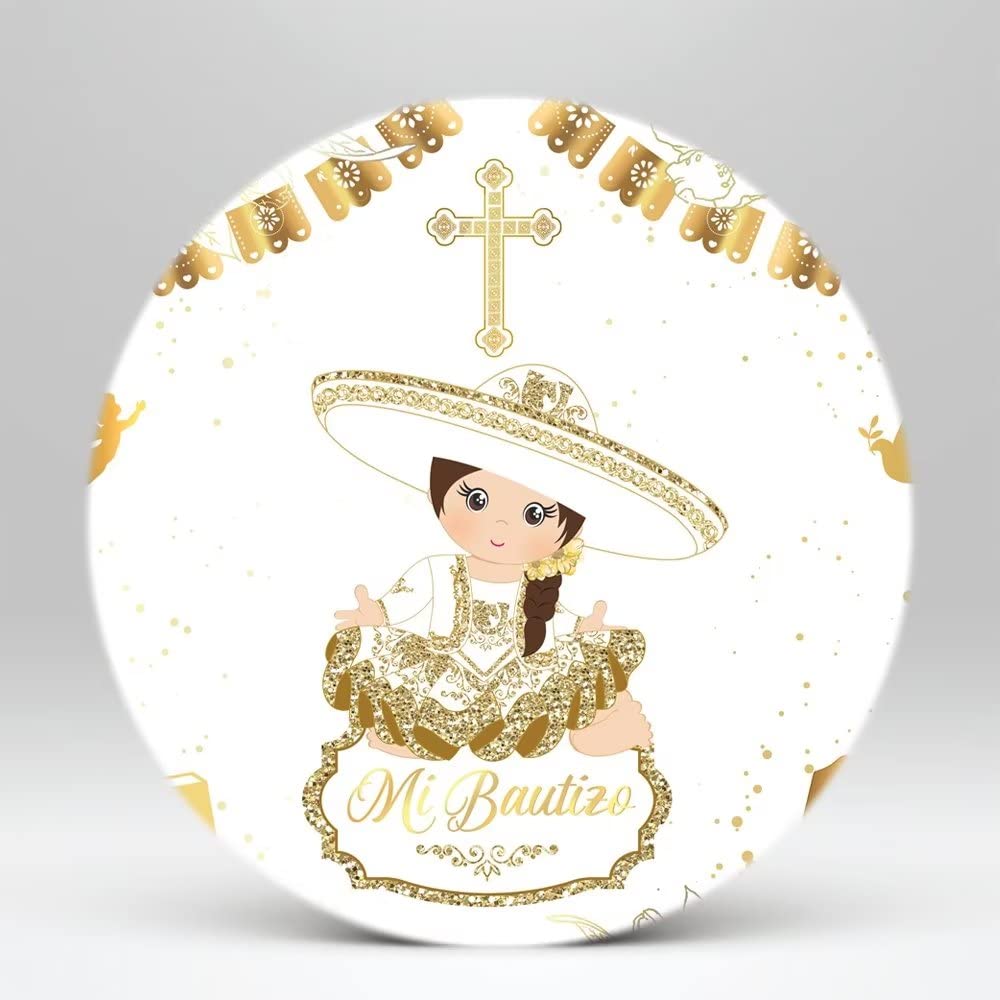 NIVIUS PHOTOMi Bautizo Backdrop Girl First Communion for God Bless Party Golden Round Background Baprtism Christening Decoration Supplies(Dia=7.5ft)