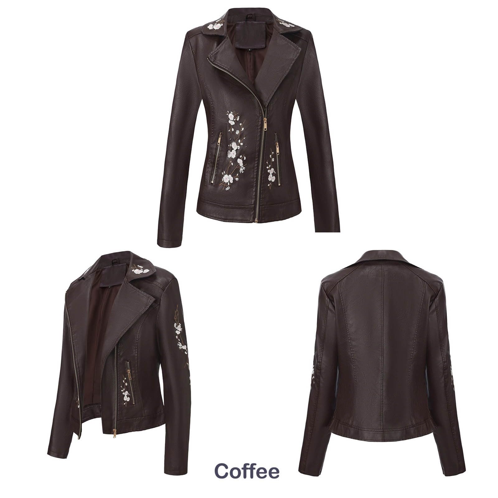 Giacca da donna in pelle ricamata asimmetrica | Capispalla decorativo in finta pelle con zip frontale design per moto stile streetwear viaggi e abbigliamento casual
