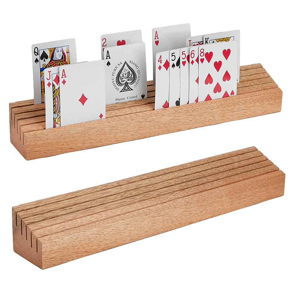 SUPERFINDINGS 2 Pack Playing Card Holder Soild Wood Playing Card Racks Wooden Cards Tray Racks for Organizing on Game Bridge Canasta Strategy 35cm