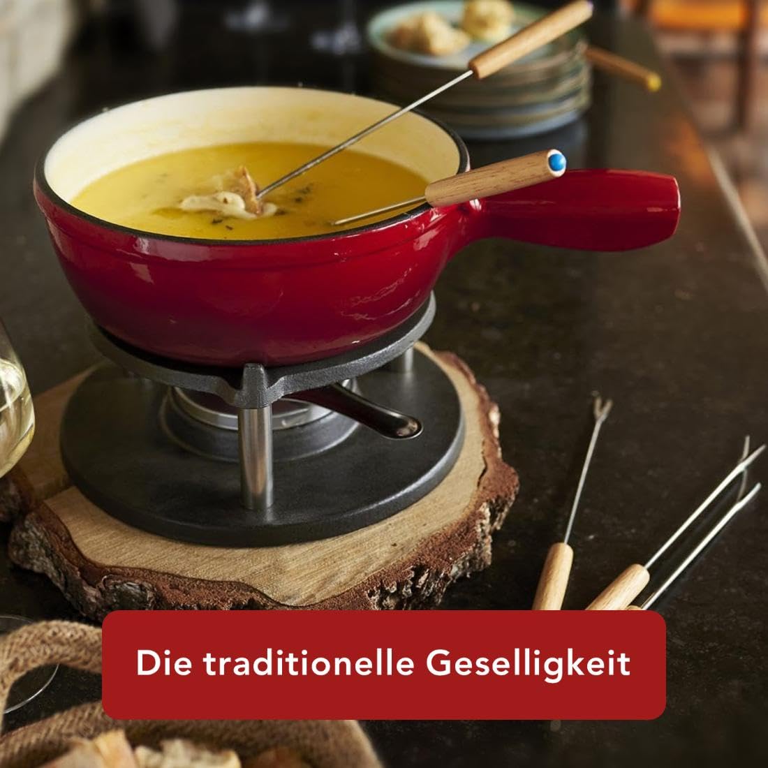 Baumalu - Fondue-Set aus rotem emailliertem Gusseisen - Abmessungen 20 cm - ideal für 6 Personen - inklusive Rechaud - Brenner - Caquelon und 6 Gabeln - hochwertige Küchenutensilien