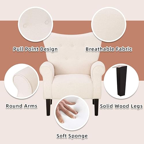 Miniatura 4 de YOLENY Silla decorativa moderna, sillón de respaldo alto, sofá individual tapizado con botones de tela con patas de madera para sala de estar,