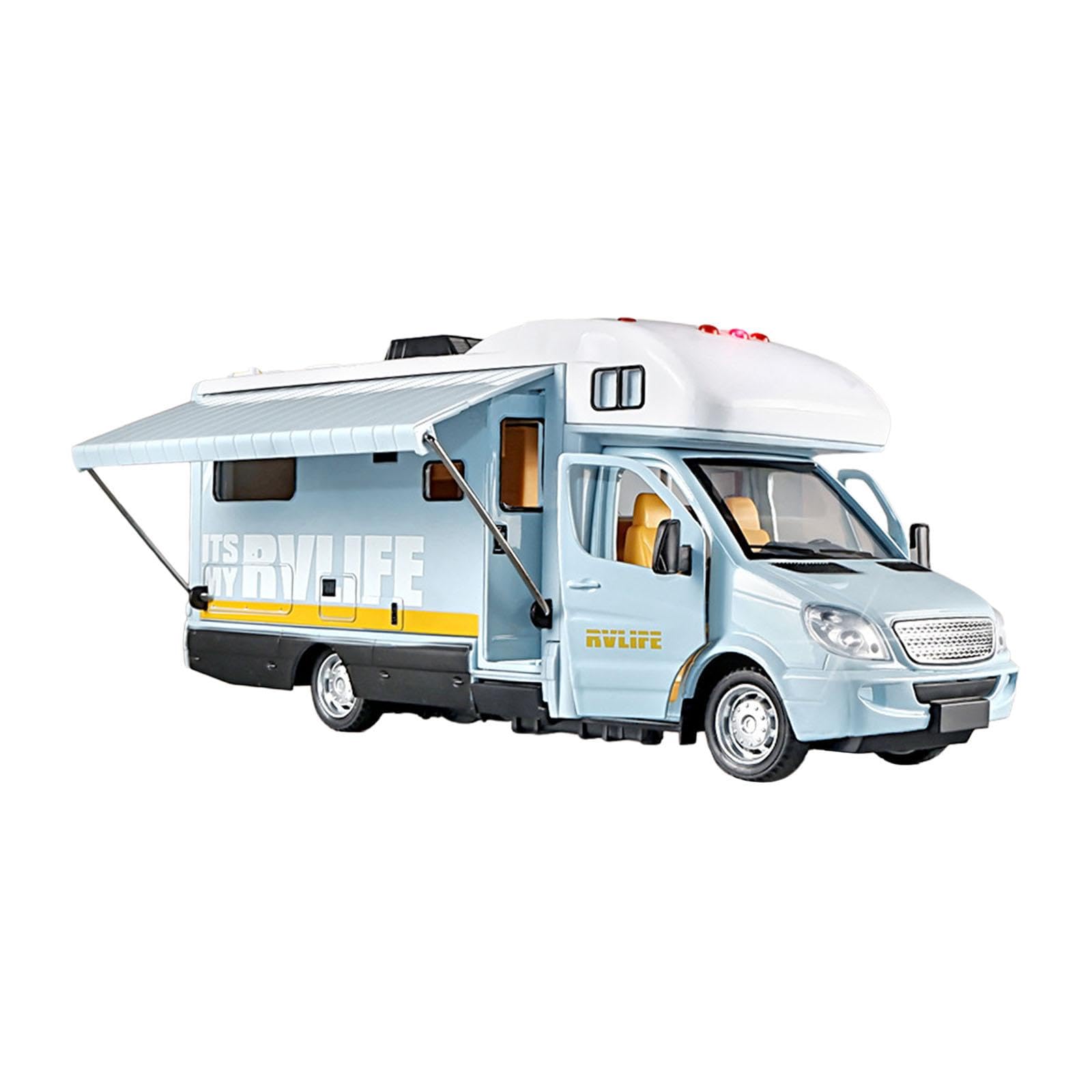 Motorhome Spielzeug 1/32 Diecast Auto Wohnmobil Modell mit Metallkarosserie Pull Back Federmechanik Offenbaren Dach Realistische Ausstattung für Schre, Blau