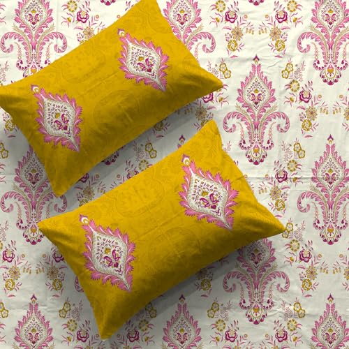 Image of Urban Space - Divine Collection 100% Cotton Double Bedsheet with 2 Pillow Covers, Bedsheet - 90 inch x 100 inch, Motif Mustard