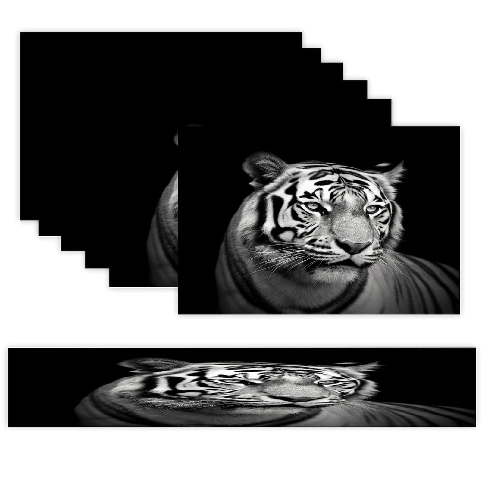 Black and White Tiger Table Runner and Placemats of 6 Washable Heat Resistant Place Mats with Table Runner Vintage Holiday Table Mat Set for Holiday Party Kitchen Dining Deco