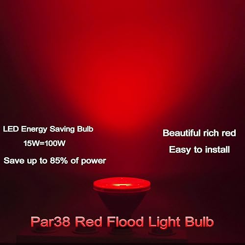 Miniatura 6 de CICINY Par38 - Bombilla de inundación roja de 15 W (equivalente a 100 vatios), luces LED rojas con base E26, paquete de 2 unidades, decoración de