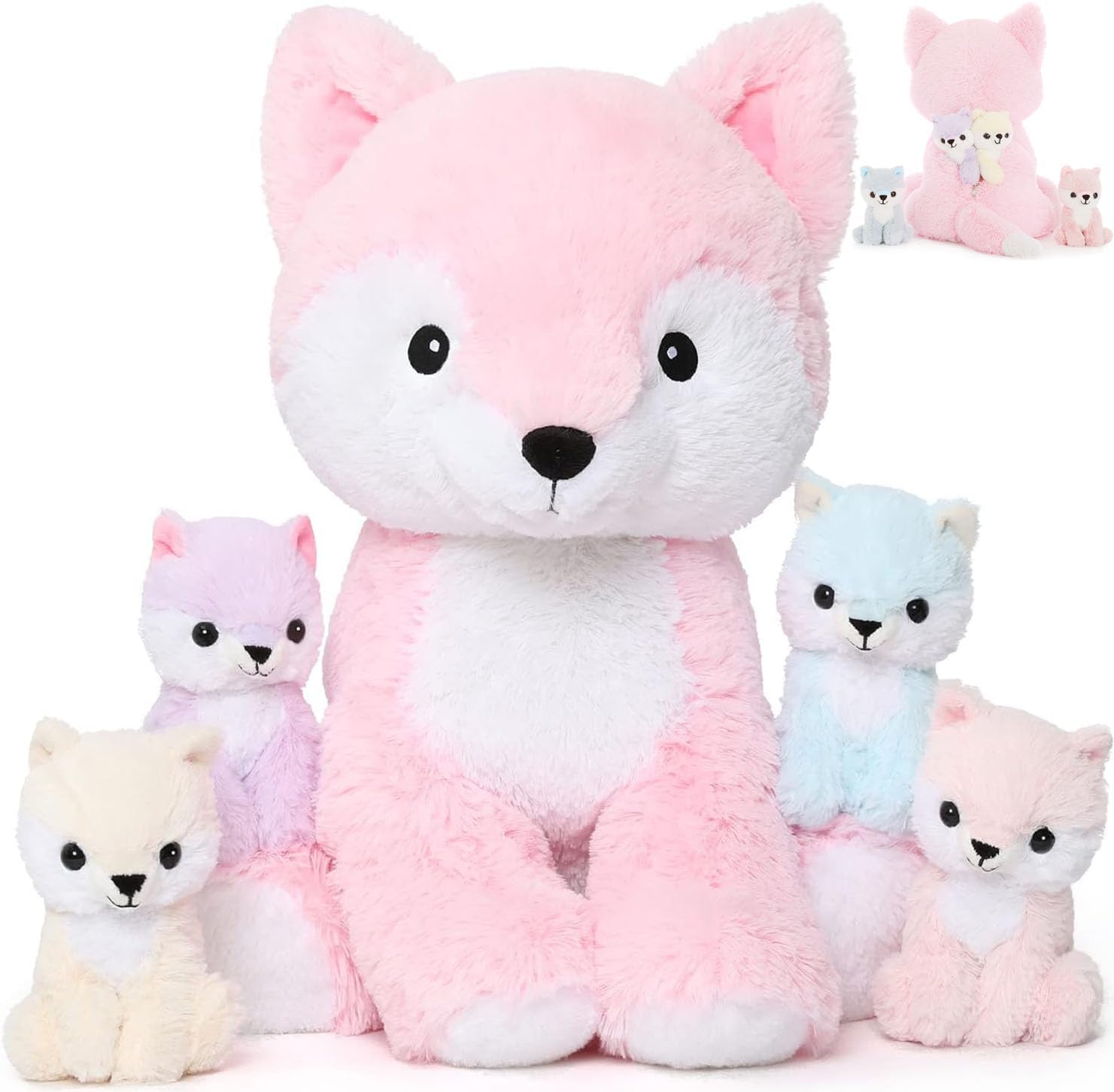 MorisMos Pink Fox Stuffed Animal Set, Soft 19 Inch Mommy Stuffed Fox Plush Toys with Baby Inside, Cute Fox Plushie Gift for Girls, Women, Kids Birthday, Christmas