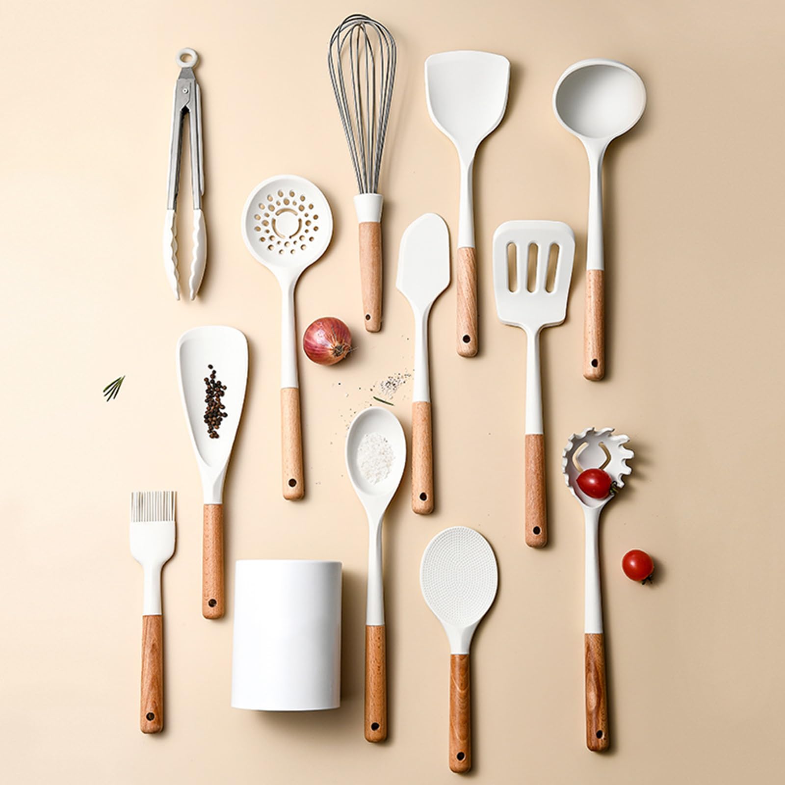 13 Stück Küchenhelfer Set, Silikon Küchenutensilien Set, Antihaft Hitzebeständiger Holzgriff Kochbesteck Mit Utensilienhalter, Silikonspatel Kochgeschirr Set, Spülmaschinengeeignet