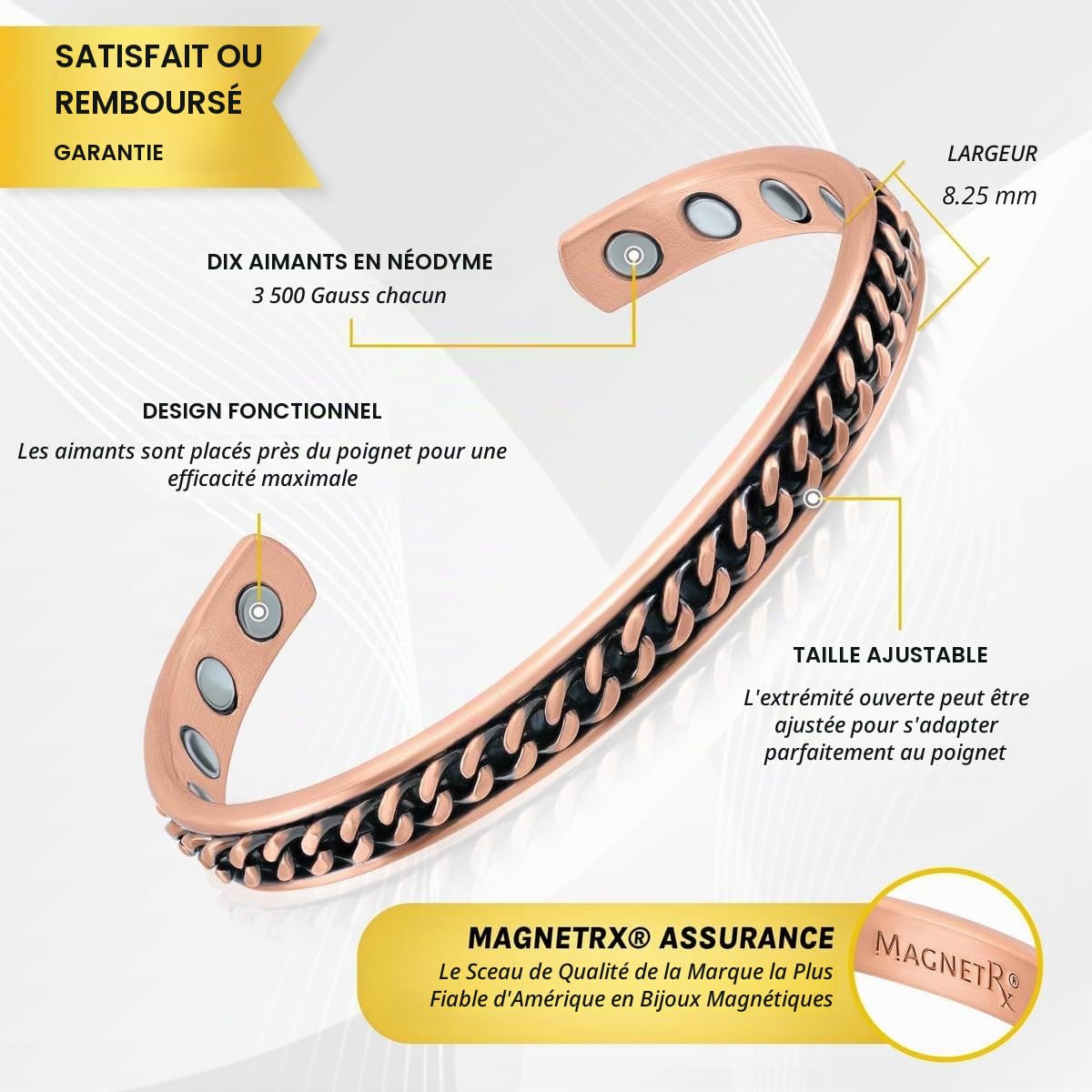 MagnetRX® Bracelet en Cuivre Efficace pour Hommes et Femmes - Bracelet Manchette en Cuivre avec Aimants Puissants et Finition Antique