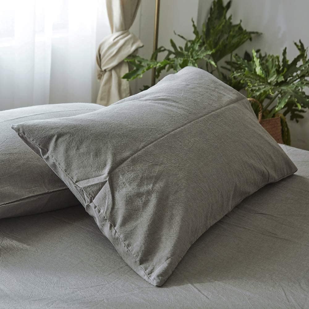 Grey Duvet Cover Queen, 100% Washed Cotton Linen Like Textured 3 Pieces Bedding Set, Solid Color Simple Style Duvet Cover, Luxury Relaxed Feel Natural Wrinkled Breathable Soft Comfy (Grey, Queen) Gray Full/Queen