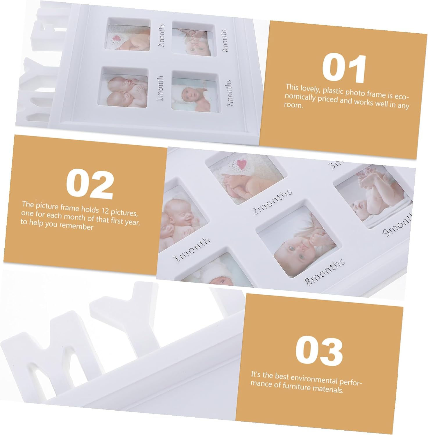 Keepsake Photo Collage Frame White Durable Plastic Newborn Boy Photo Frame for Monthly Pictures Environmental Friendly Nursery Decor