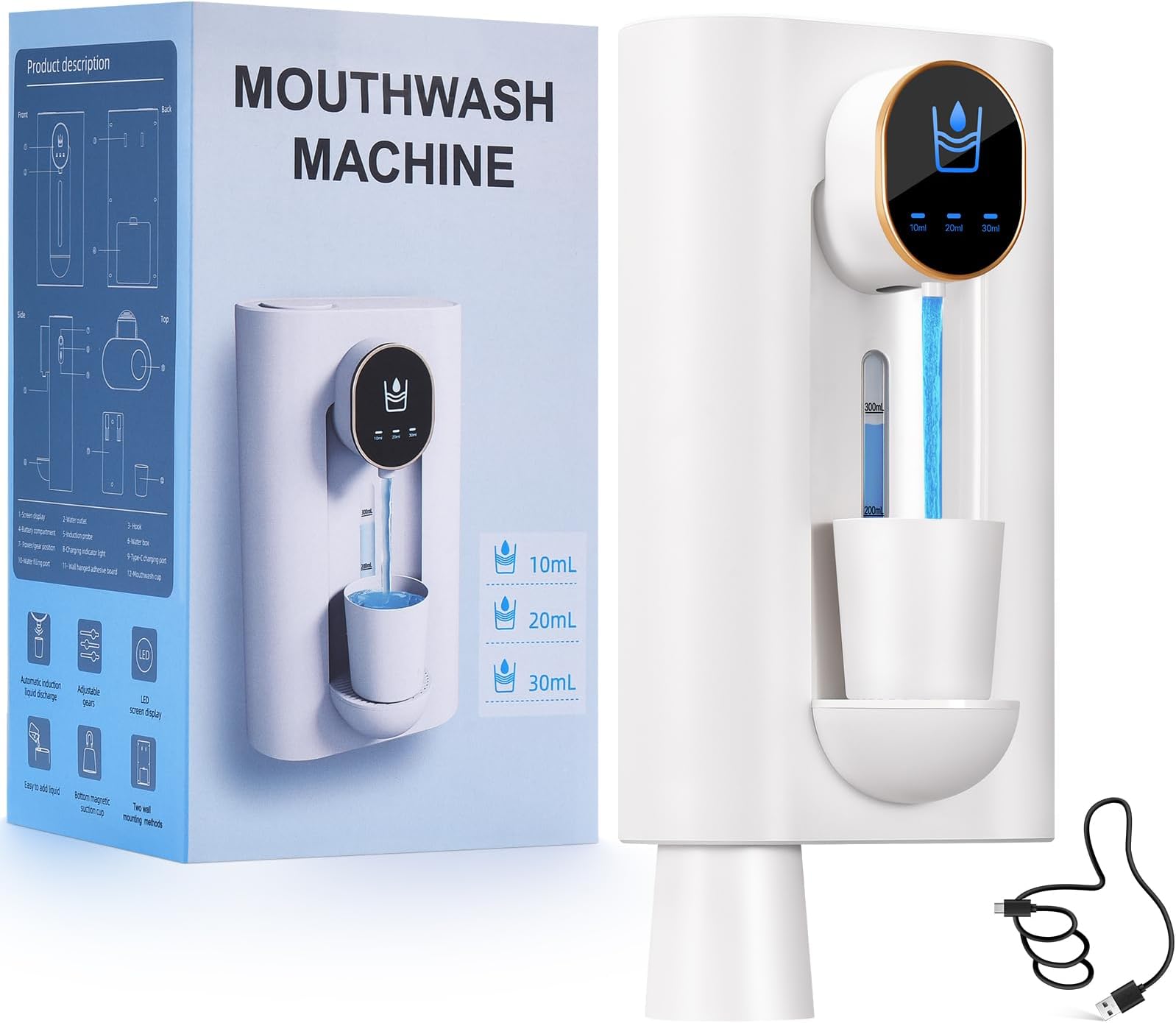 Automatic Mouthwash Dispenser for Bathroom, USB Rechargeable and 3 Dispensing Levels, LED Screen 18.26 oz Smart Touchless Mouthwash Dispenser with 2 Magnetic Cups, Great for Kids and Adults-White