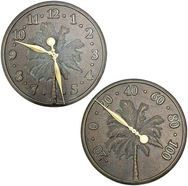 BestNest Whitehall Palm Tree Clock & Thermometer Set, 16 Inch Outdoor Wall Clock and Temperature Gauge, Bronze Verdi Aluminum Construction, Decorative Indoor Outdoor Patio Pool Wall Décor