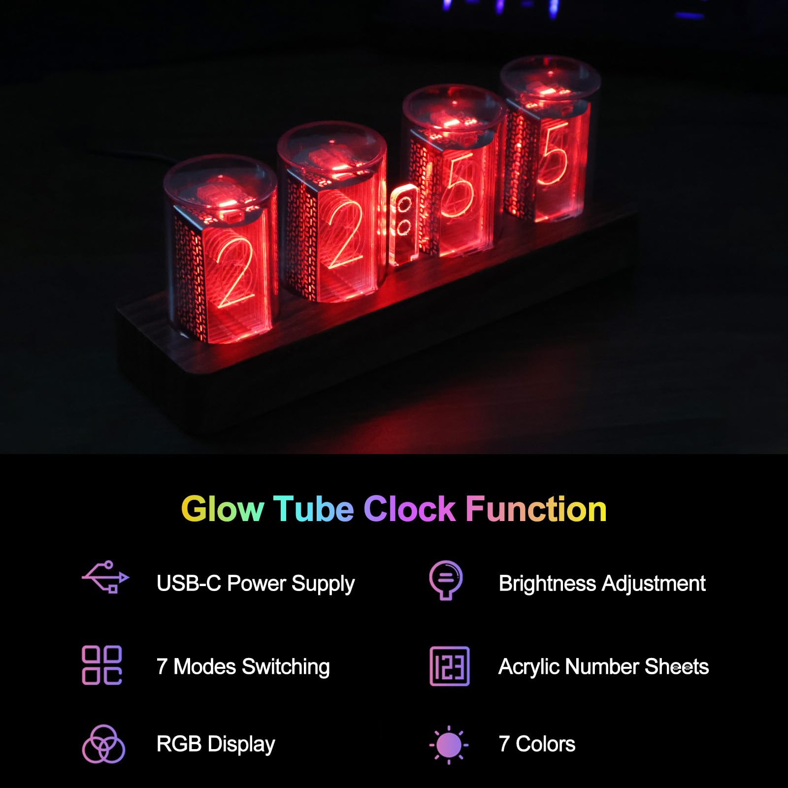 Nixie - Orologio a tubo a LED, piccolo orologio digitale con display a 7 modalità, sveglia digitale con ore/minuti/conto alla rovescia/regolazione della luminosità, display 12/24h, orologio