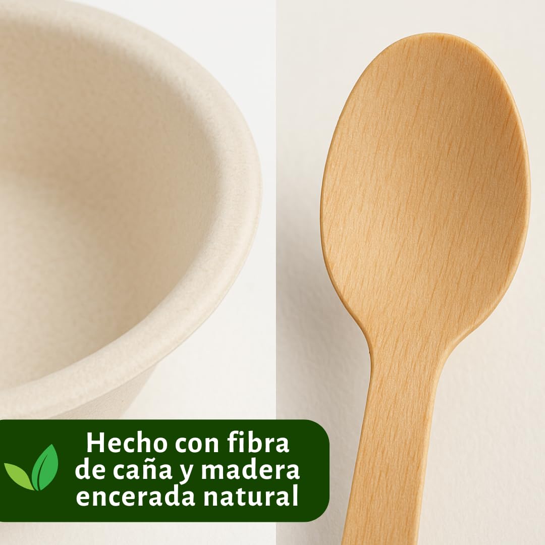 Pack 200 Cuencos Biodegradables Fibra de Caña 12oz + 200 Cucharas de Madera Encerada 16cm | Vajilla Desechable Ecológica Compostable | Alimentos Calientes y Frios (Cuencos y Cucharas)
