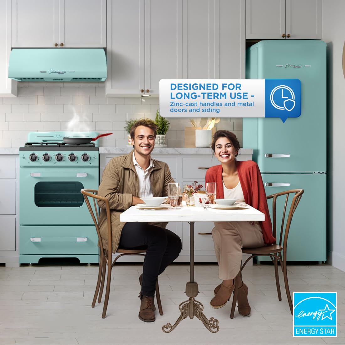 Unique Appliances Classic Retro Refrigerator, Electric Bottom-Mount Fridge With Intuitive Control Panel, 4 Glass Shelves, And 3 Freezer Drawers, Frost-Free, 12 Cu./Ft., Ocean Mist Turquoise on Fridge.com - View 3