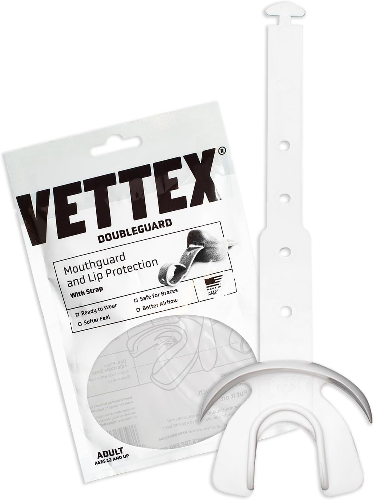 Markwort Vettex Doubleguard Mouthguard for Football, Lacrosse, MMA, Boxing, Braces - Breathable Doubleguard with Lip Protection and Strap,White