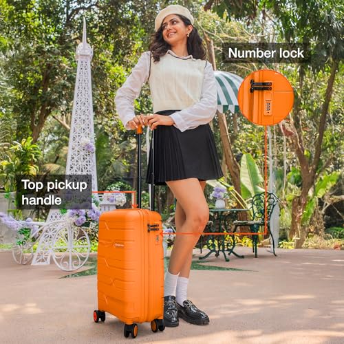 Image of Nasher Miles Paris Hardshell-Sided Polypropylene Cabin Luggage Orange 20 Inch |55Cm 8 Wheel Inline Trolley Bag, Small