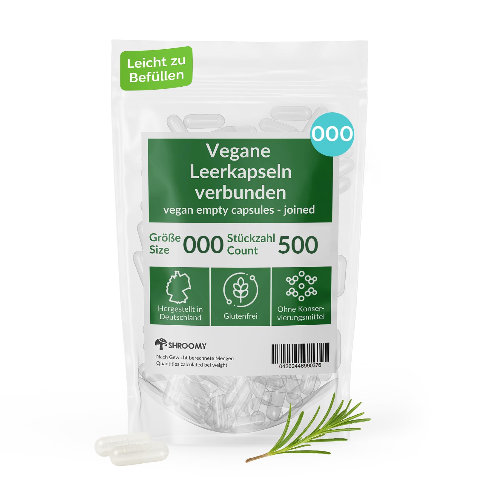SHROOMY Capsule vuote HPMC – Dimensione 000 – vegano e trasparente – 500 pezzi