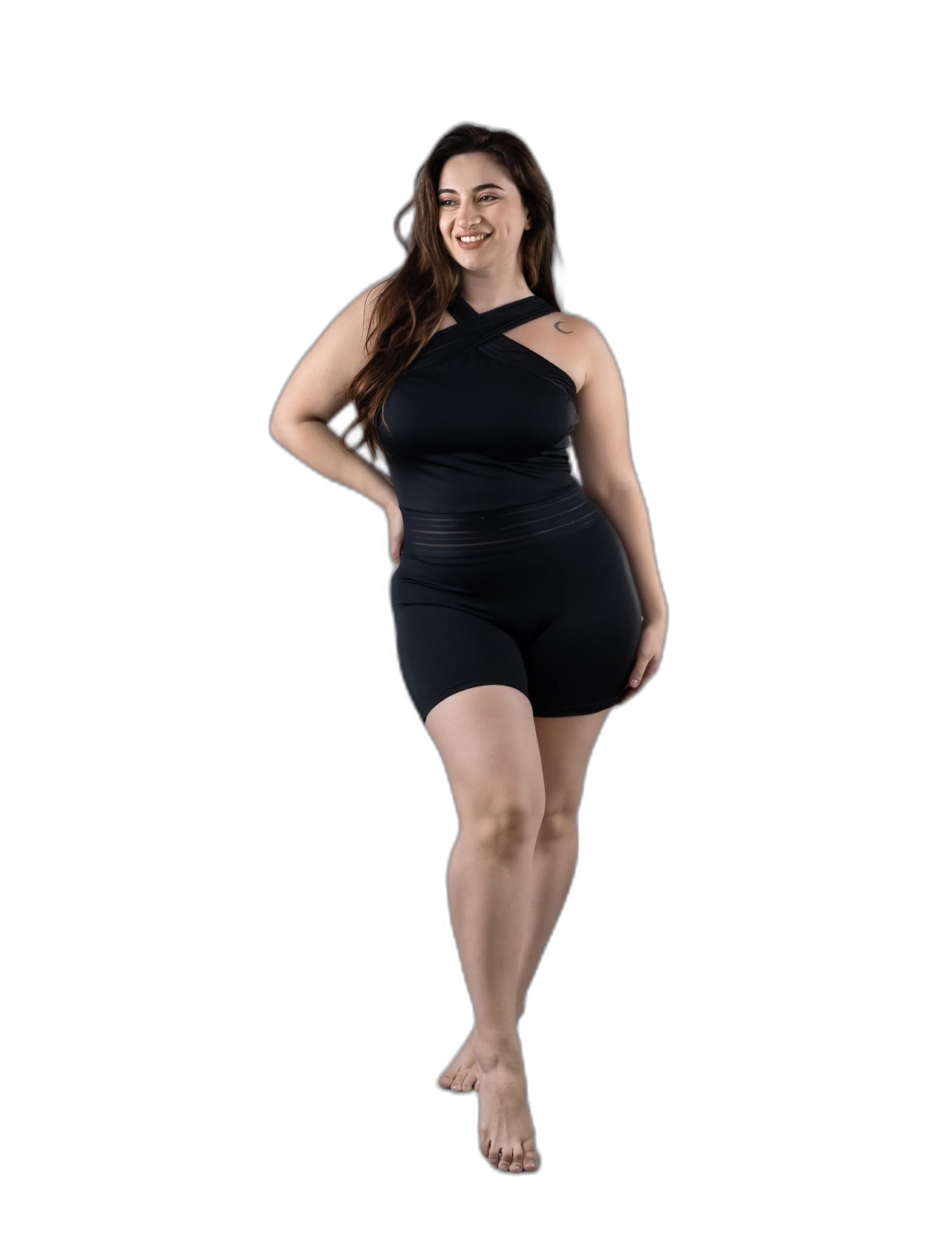 keepfit Women's 2 Cross Neck Padded Plus Size Swimsuit (Black & White)-picture-24