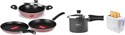 Pigeon Basics Non Stick Non Induction Base Cookware Set&Pigeon Hard Anodised Pressure Cooker Outer Lid with Induction Base 3ltr&Pigeon 2 Slice Auto...