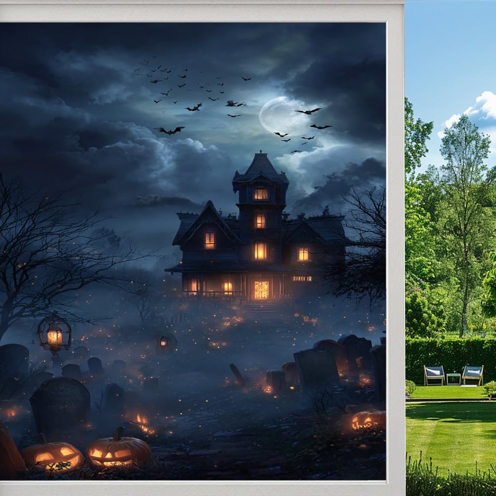Pmlbaous Dark Gothic Architecture Frosted Window Film, Horror Castle Pumpkin Stained Glass Privacy Film, Heat Insulation Self-Adhesive Vinyl For Bathroom Office, （55X100cm）