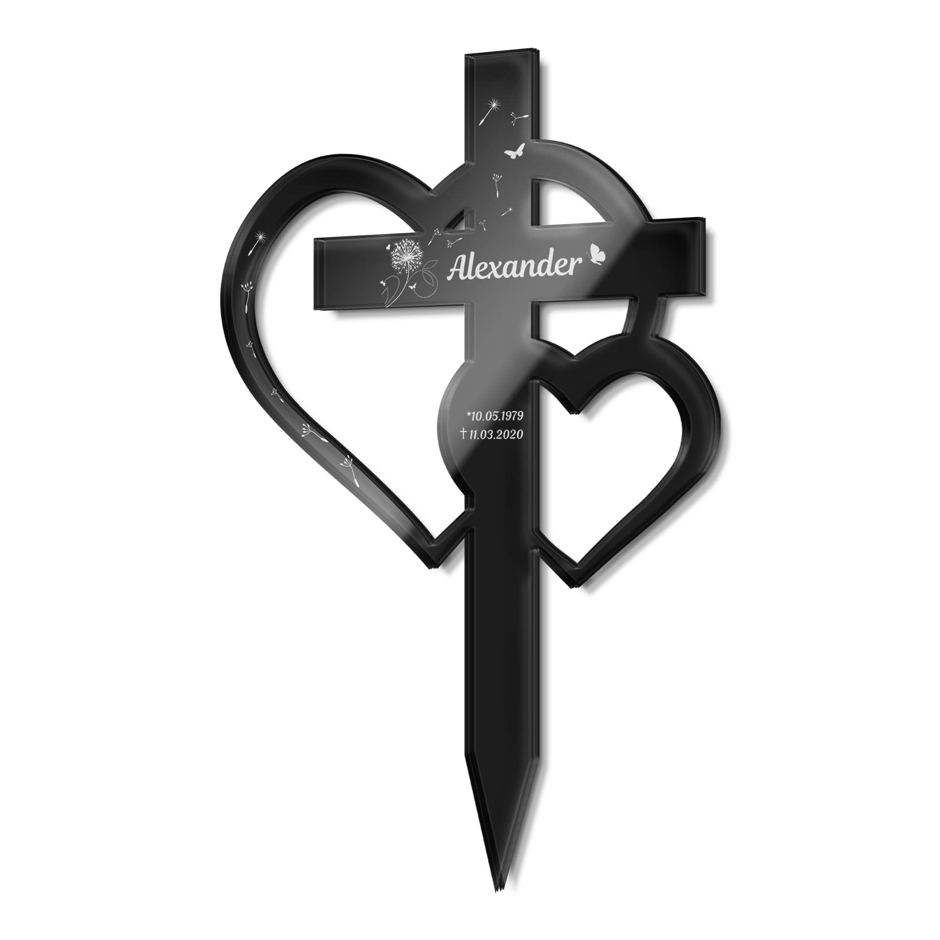 Großes Grabkreuz mit Gravur aus Hochglanz Acrylglas - Grabstecker Kreuz als wetterfester Grabschmuck mit Gravur - Grabdeko für Urnengrab Grab - schöne Trauer Deko Friedhof (Mit Motiven)