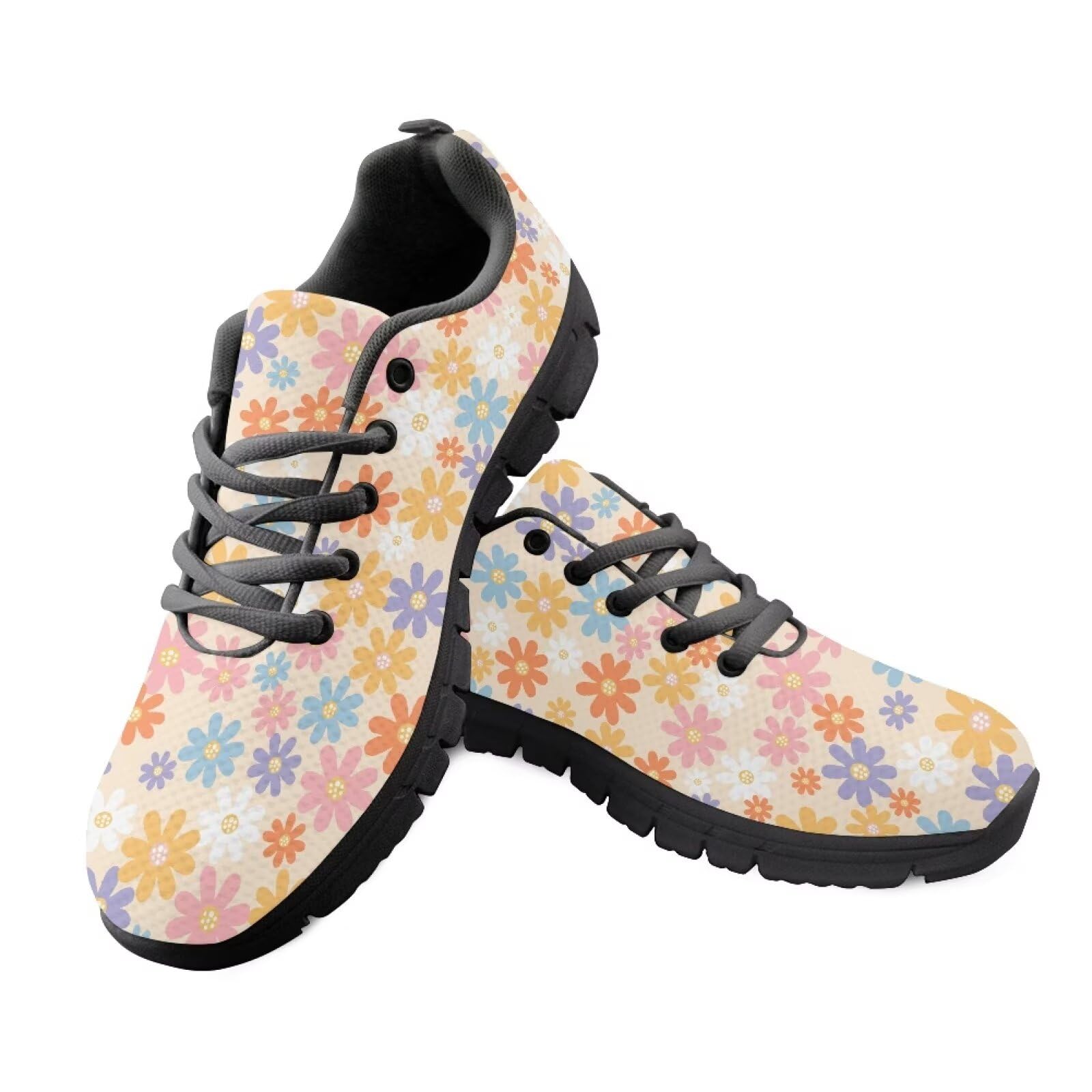 Fuxowvby Hippie Flower Non-Slip Walking Women's Shoes Lightweight Running Shoes Breathable Workout Shoes Lace-Up Gym Sport Shoes Cozy Holiday Tennis Sneakers for Women Black US 8