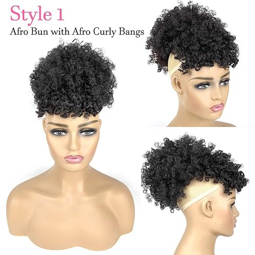 Miniatura 2 de Cola de caballo afro con cordón y flequillo, pelo updo de piña para mujeres negras, moño corto rizado con 2 flequillos reemplazables (#1B-negro)