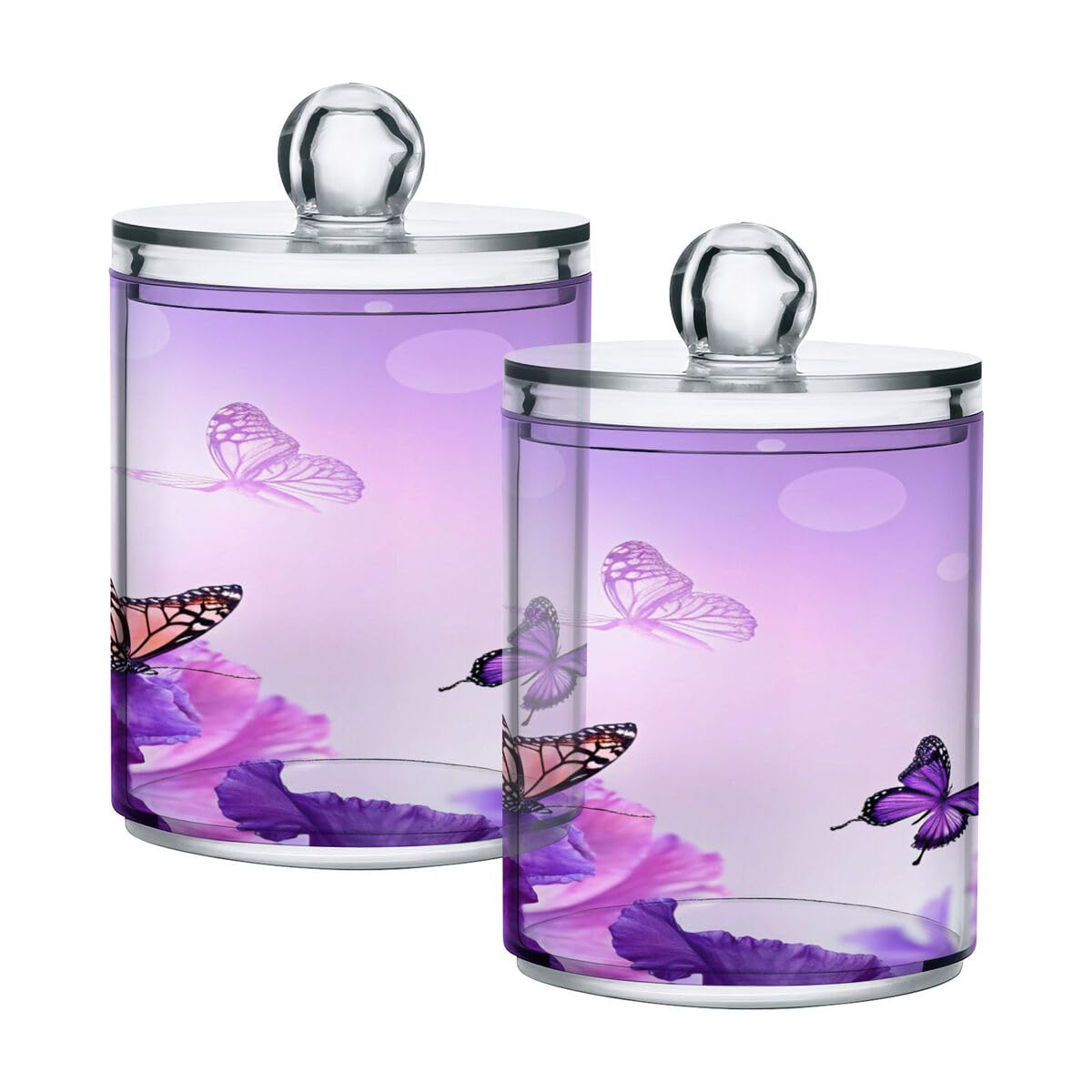 Violetter Schmetterlings-Qtip-Halter, 400 ml, Apothekergläser, Badezimmer-Organizer, Behälter für Qtips, Wattestäbchen, Wattebälle, Kosmetik-Pads, Flossers, Badesalz, 2 Stück