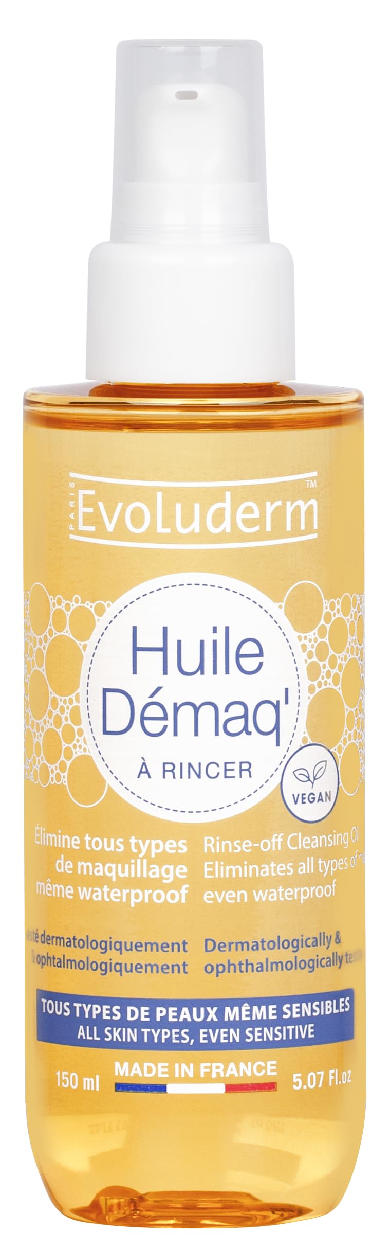 EVOLUDERM - Huile Démaq' - 150 ml - Ingrédients d'Origine Naturelle - Végan - Fabrication Française