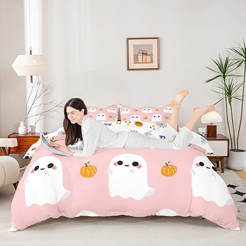 Miniatura 5 de Erosebridal Juego de ropa de cama de Halloween, funda de edredón de fantasmas de dibujos animados, decoración de calabaza de Halloween, luces de