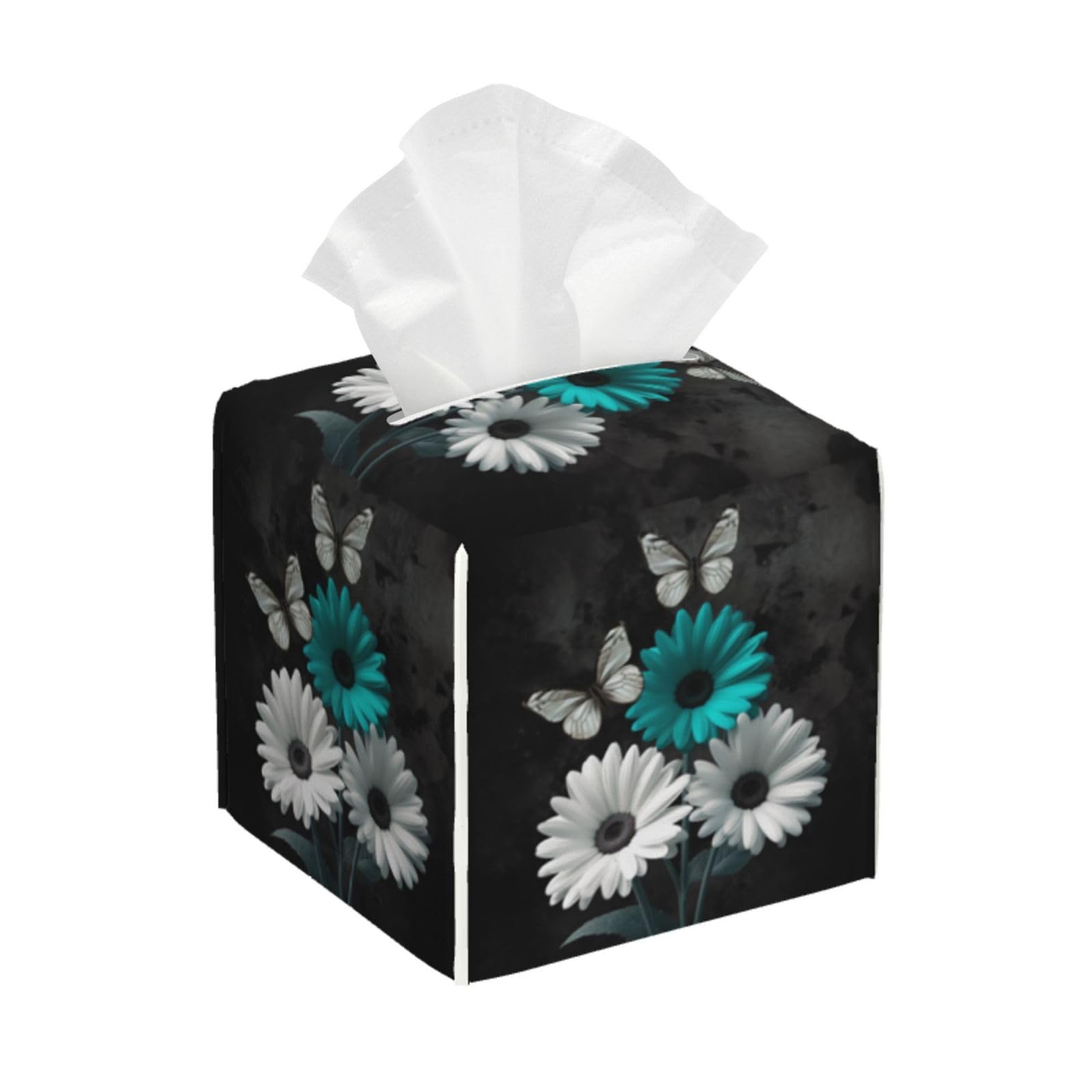 Butterflies White Flowers Square Tissue Boxes Tissue Holder 5.2"x5.2"x5.2" for Home/Car/Office/End Table