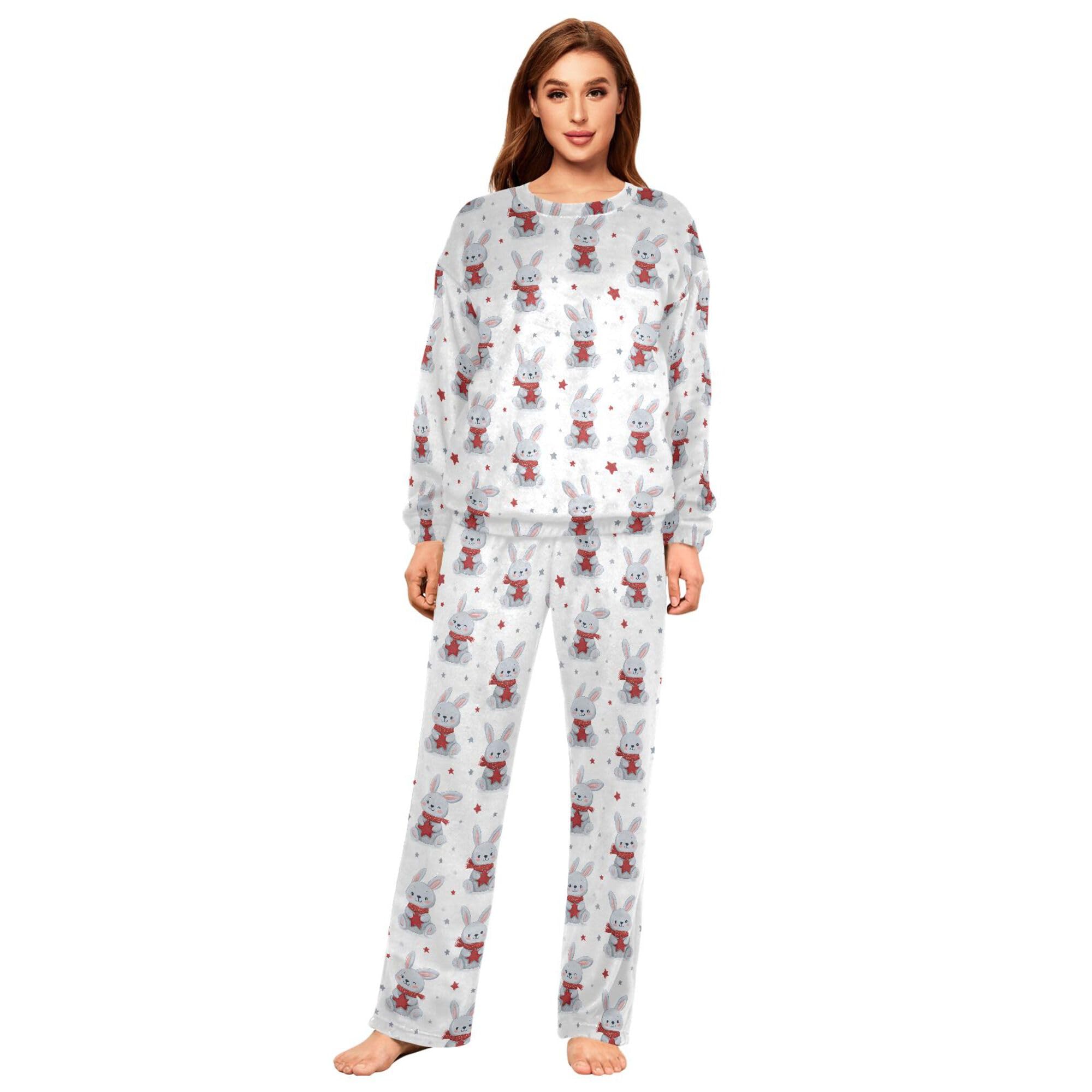 ALAZA Conjunto de pijama de forro polar para mujer, diseño de huesos de fondo rosa, manga larga, ropa de dormir de dos piezas, ropa de dormir térmica, pijama súper suave, talla S