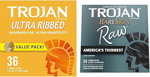 Trojan Preservativos ultra acanalados para ultra estimulación, 36 unidades, 1 paquete y condones finos sin procesar de piel desnuda, condones