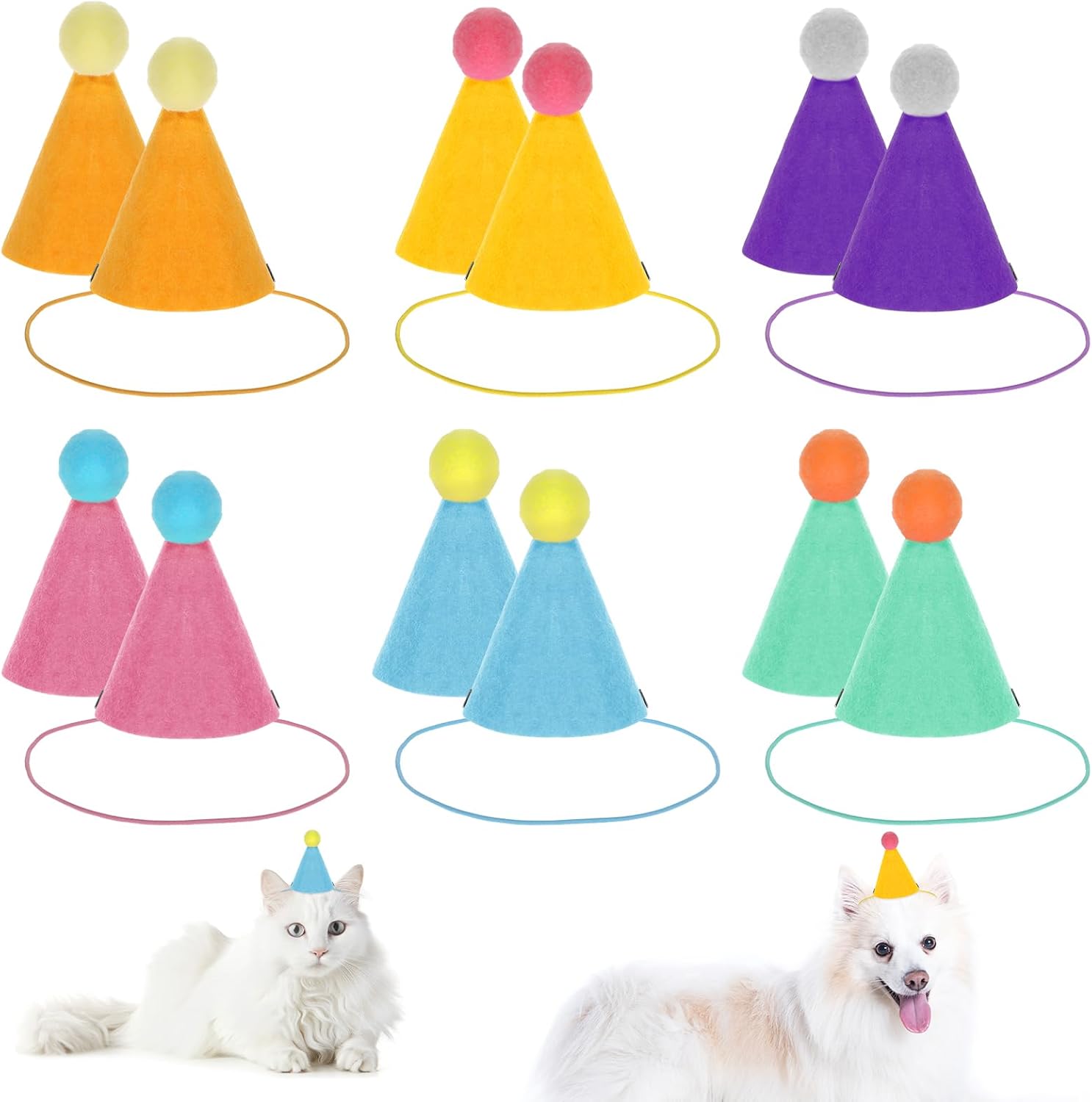 12PCS Mini Party Hats for Stuffed Animals, Adjustable Mini Birthday Hats, Colorful DIY Felt Cone Hat with Pom, Tiny Party Hats for Dog Cat Doll