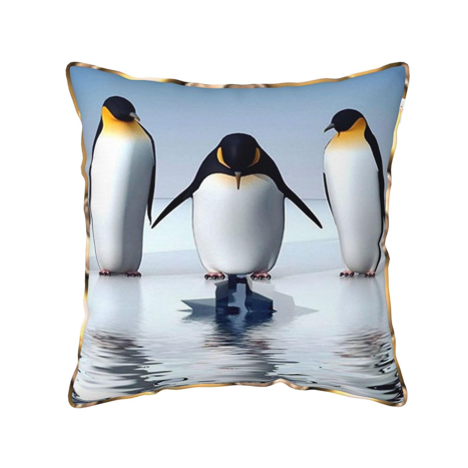 AUBKFELD Penguin Printed Velvet Cushion Cover 45x45 CM with Gold Edging Strip, Square Pillowcase Soft Throw Pillow Covers Case Decorative for Living Room Sofa Couch Bed Bench