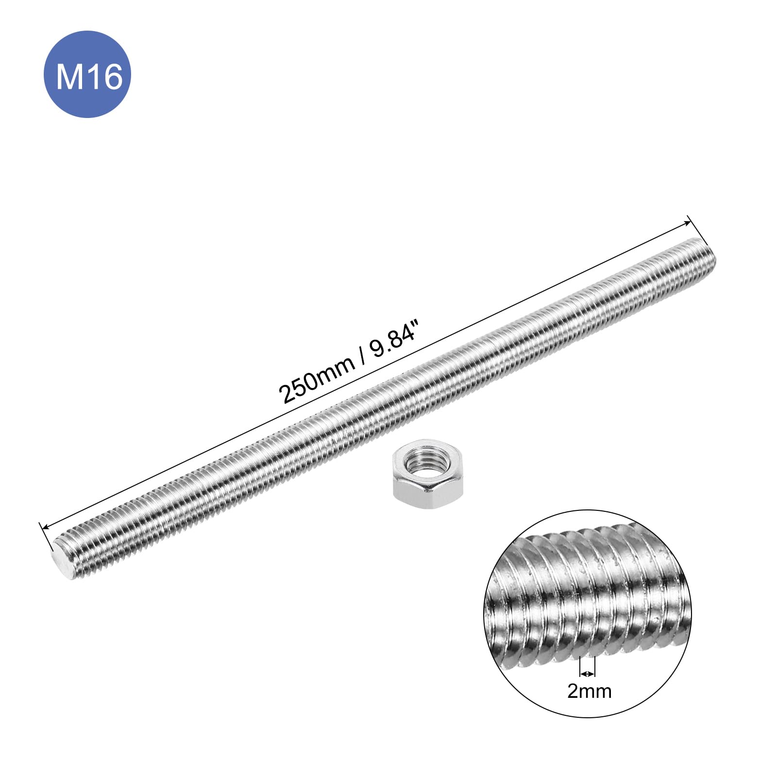 QUARKZMAN 2pcs Varilla Roscada M16 x 250mm, Perno Roscado a la Derecha Métrico Varillas Roscadas Completas de Acero Inoxidable con 4pcs Tuercas Hexagonales de 1.25mm Paso, Plateado