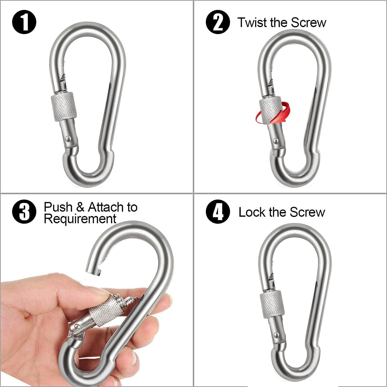 Locking Carabiner Clips, Stainless Steel Spring Snap Hook Locking Carabiner Heavy Duty - 304 Premium Stainless Steel Thumb Screw Carabiner Clip - Image 5
