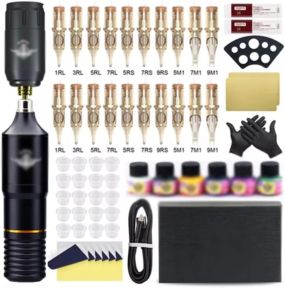 Tattoo Machines Tattoo Machine Set Interface Rotary Tattoo Pen Kits with Tattoo Power Supply and Cartridges Needle Tattoo(Wireless Set 1)