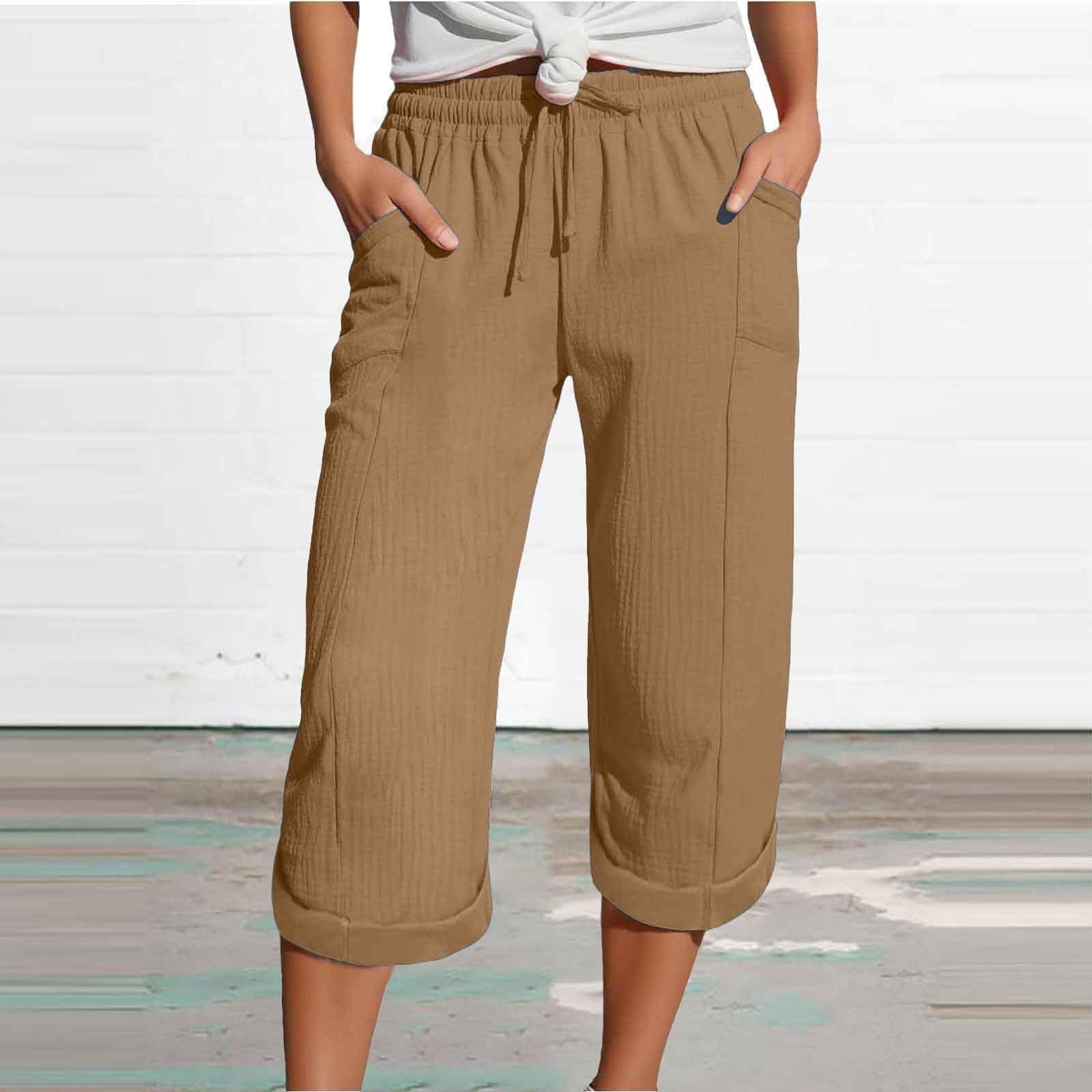Capris Pants for Women Cotton Linen Casual Summer 2025 Wide Leg Loose Comfy Drawstring Elastic Waist Cropped Trousers A04-Khaki XL