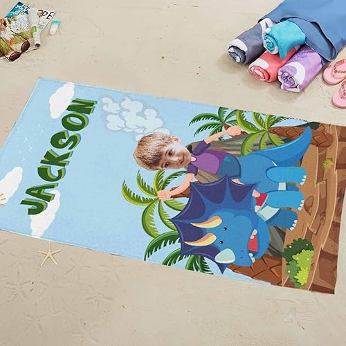 Miniatura 4 de Artsadd Toallas de playa personalizadas de dinosaurio de microfibra para niños y niños, toallas de baño de algodón personalizadas con foto cara y