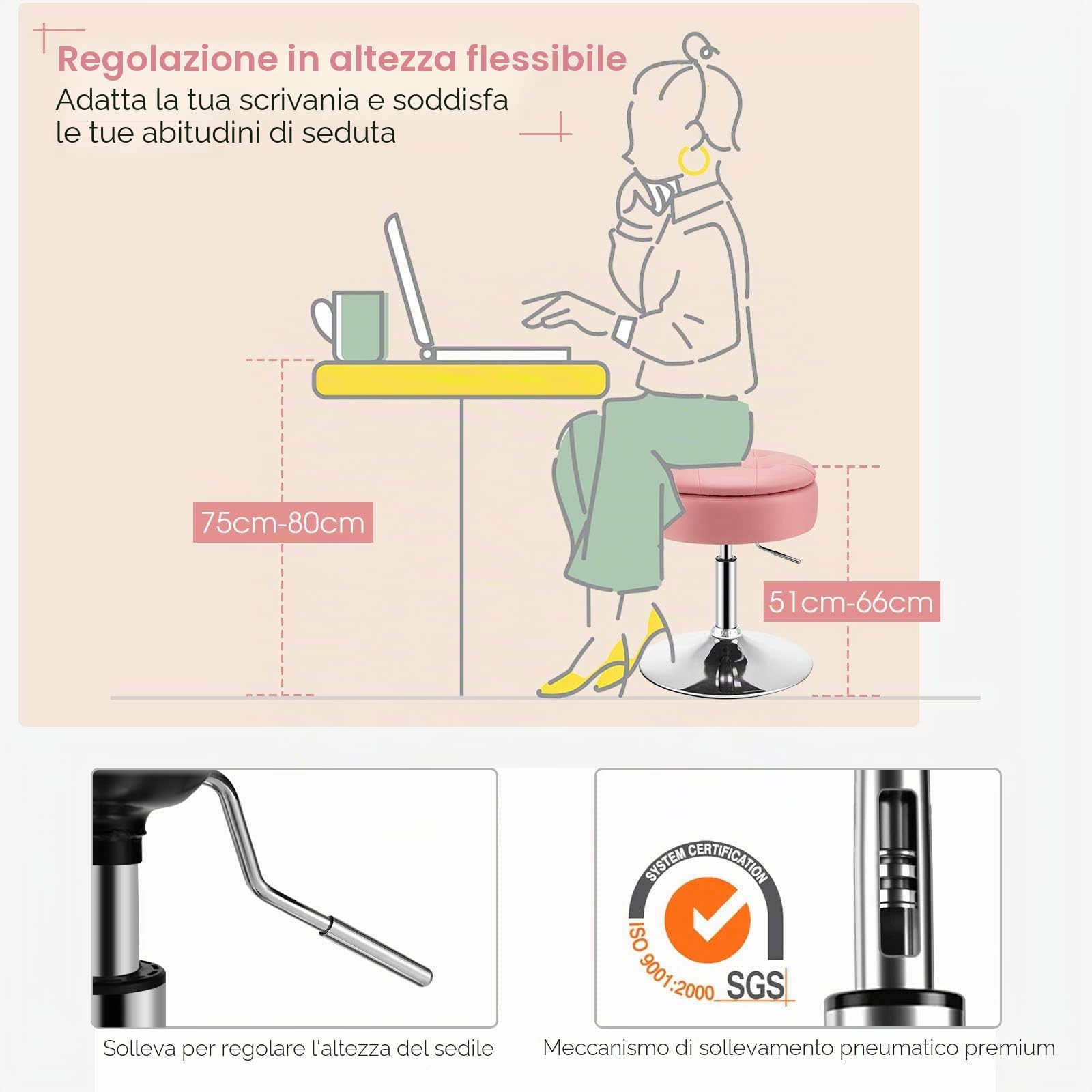 LIFEZEAL Sgabello da Bar, Sedia Rotonda Girevole, Sedile Rimovibile per Stoccaggio, Contenitore, Sedile Imbottito, Altezza Regolabile 51-66cm, Soggiorno, Ufficio, Max150 kg, Telaio in Metallo, Rosa